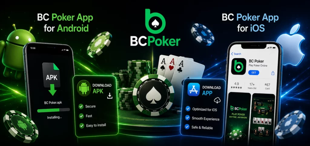 BC Poker Android APK and iOS app download banner with mobile poker interface and neon casino visuals