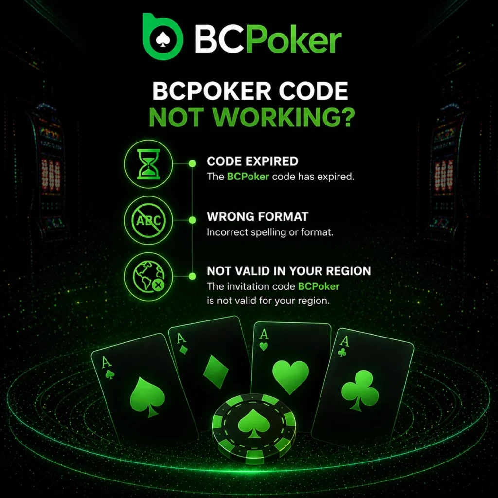 BC Poker promo code issue banner with expired code warning, invalid format notice and region restriction visuals for account registration