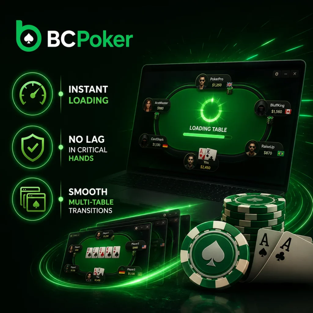 BC Poker performance features infographic with instant table loading, smooth multi-table gameplay and no lag poker experience