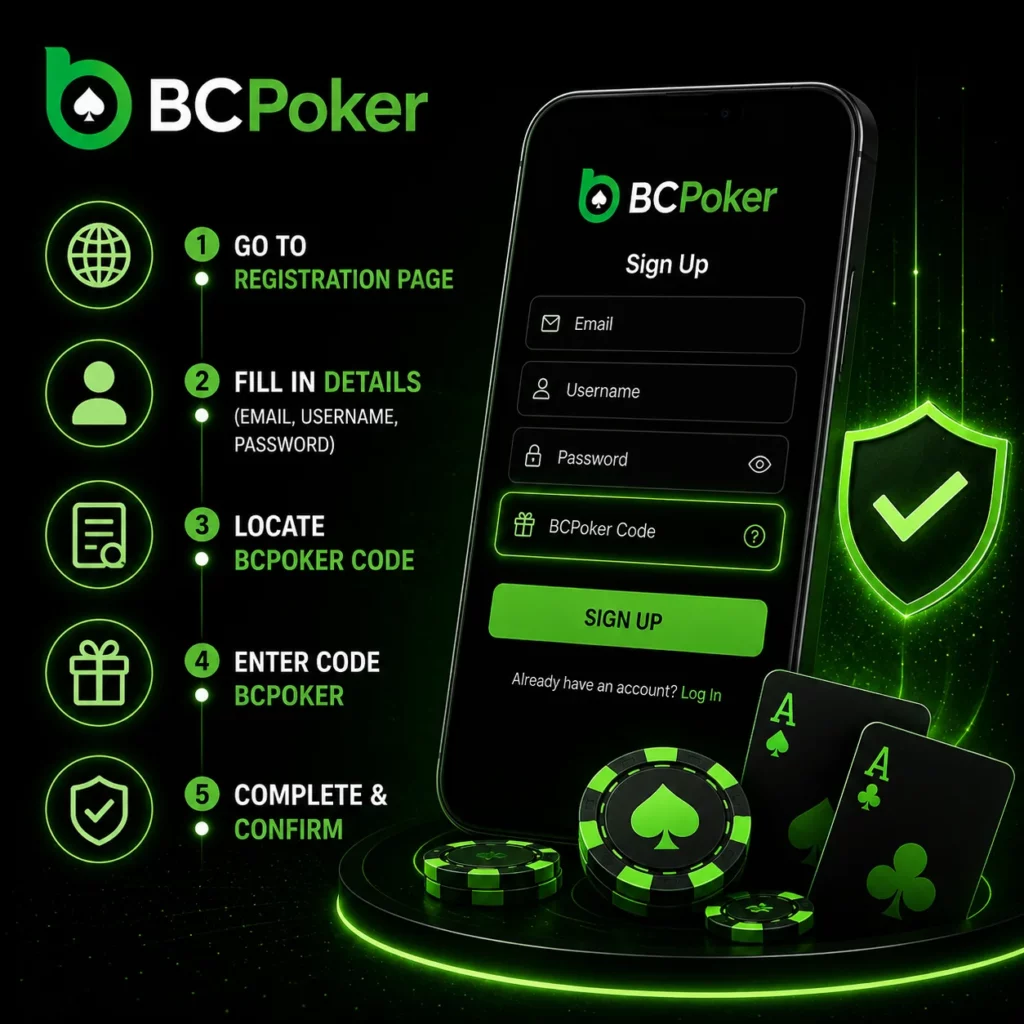 BC Poker registration guide with signup steps, promo code entry, account details form and secure account confirmation visuals