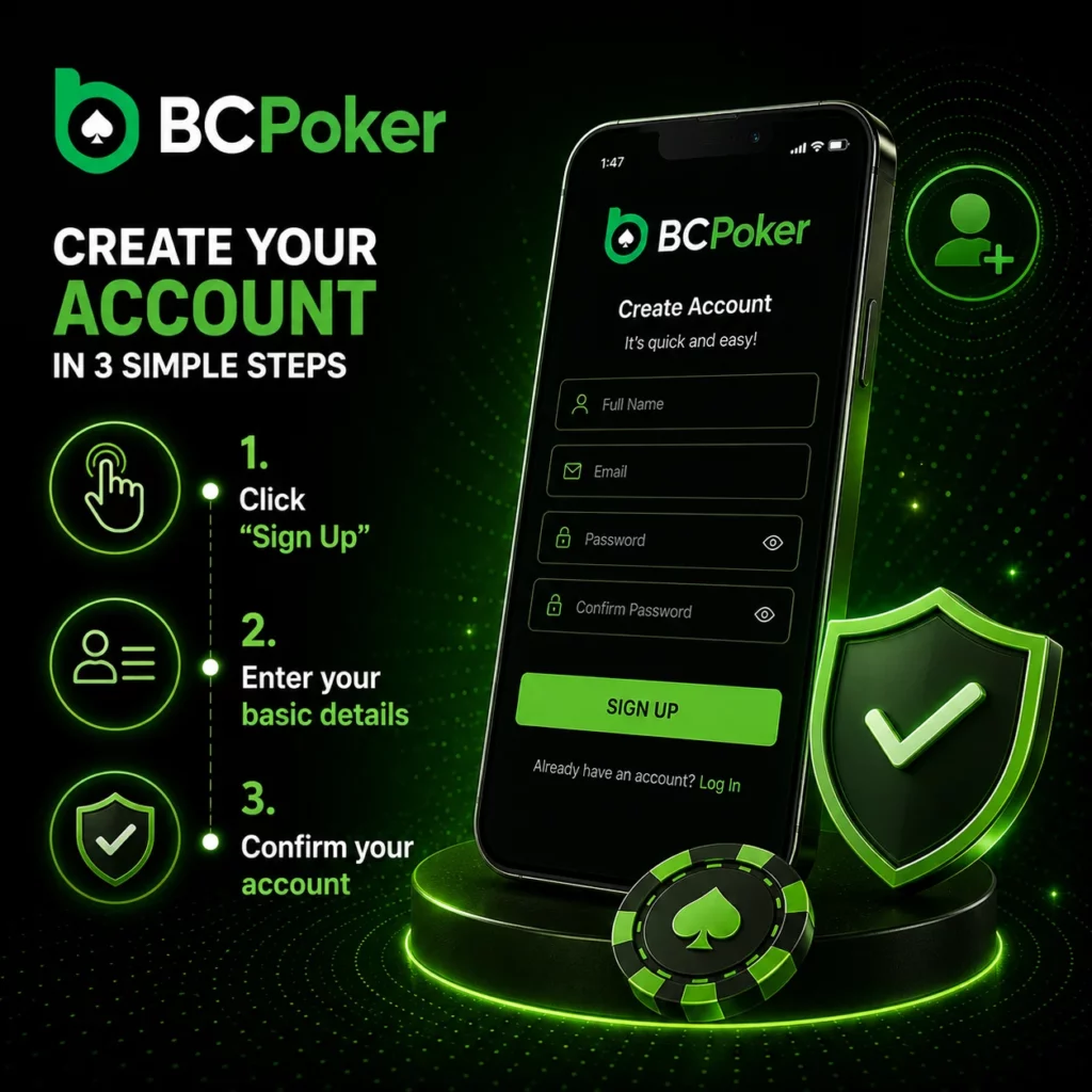 BC Poker sign up guide with account registration steps, mobile poker app interface and secure account confirmation visuals